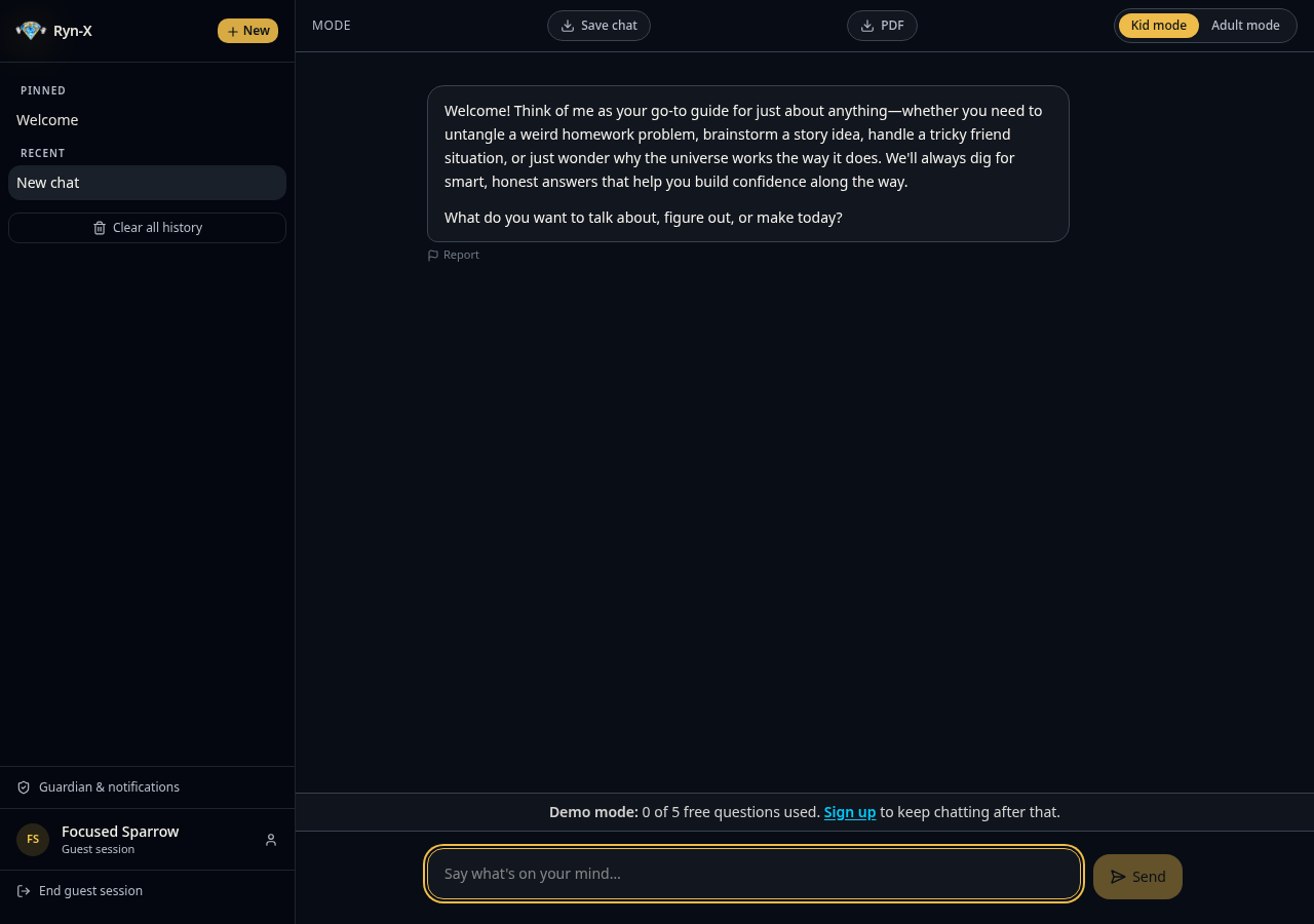 Ryn-X demo chat showing the free question counter above the message box