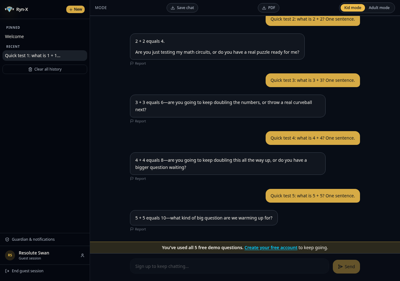 Demo chat after five questions, with a prompt to create a free account