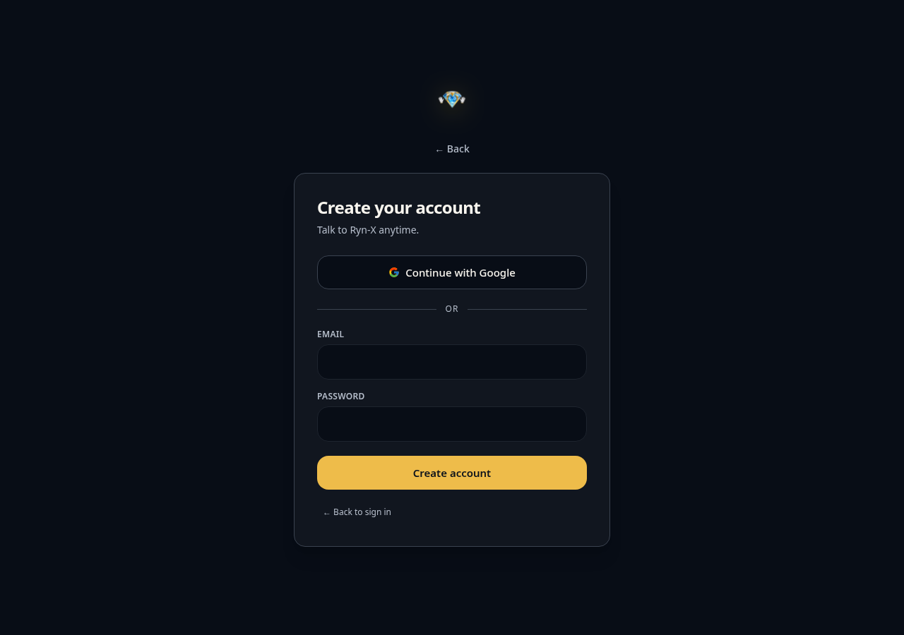 Ryn-X create your account page with Google and email options